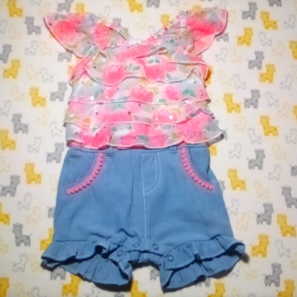 2/$15 EUC Chambray Ruffled Tier Floral Jumper